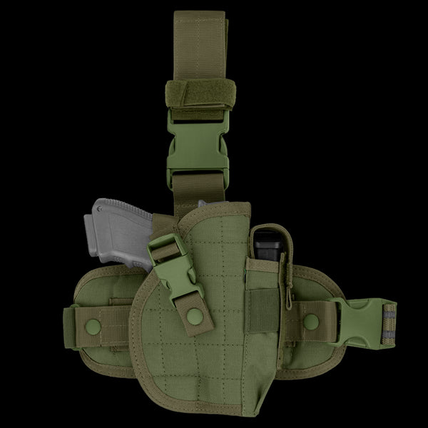 Condor Universal Leg Holster in green, equipped with a secured gray training pistol and an extra magazine pouch attached.